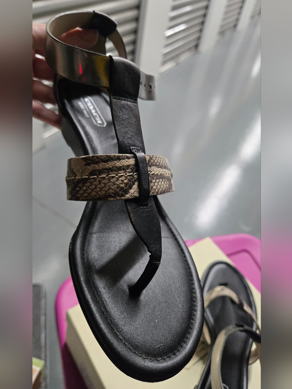 Coach Leather Sandals Black And Snakeskin Print - Picture 3 of 9